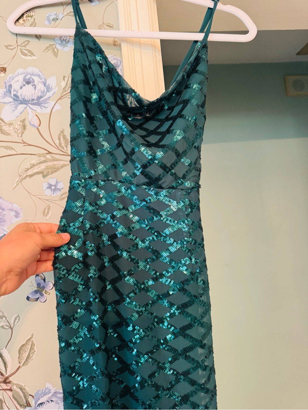 Lulu's Emerald Sequin Cowl Slip Gown - Picture 6 of 9